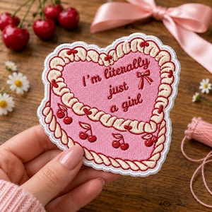 I'm Literally Just A Girl Embroidered Patch, Cherry Bow Patches, Cute Girly Patch Applique for Hats Backpacks Jackets Gifts for Her Him