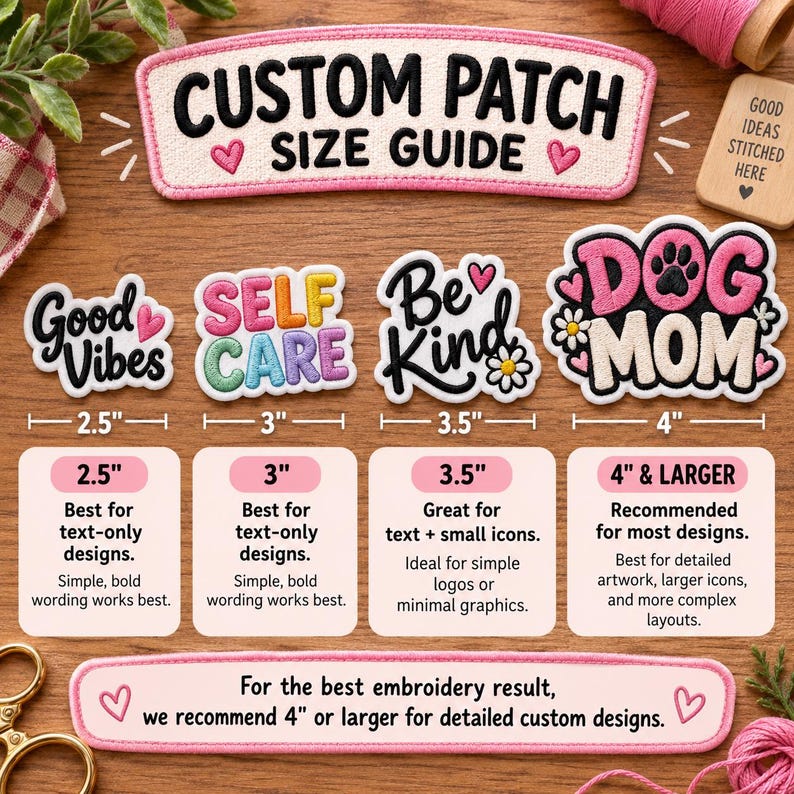 Peut inclure: Un guide de taille pour &eacute;cussons personnalis&eacute;s pr&eacute;sentant quatre &eacute;cussons brod&eacute;s &eacute;tiquet&eacute;s 2,5 pouces, 3 pouces, 3,5 pouces et 4 pouces. Le guide inclut des descriptions textuelles, un en-t&ecirc;te CUSTOM PATCH SIZE GUIDE et des recommandations.