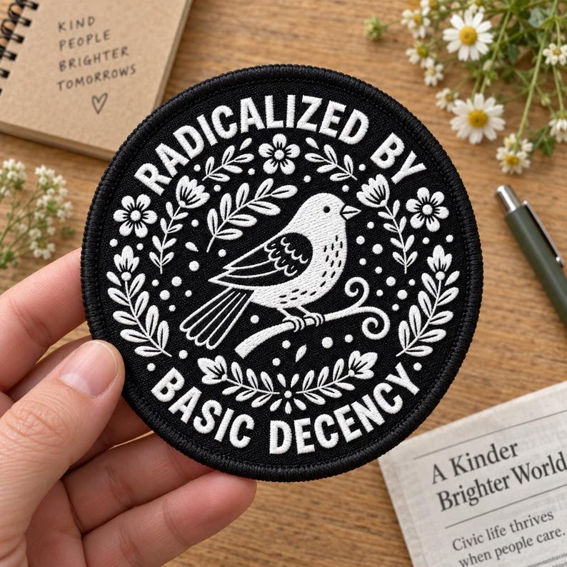 May include: A circular black embroidered patch featuring a white bird perched on a branch in the center. The design is surrounded by white floral and leaf motifs. The text RADICALIZED BY BASIC DECENCY is embroidered in white along the border.