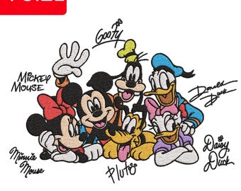 May include: An embroidery design featuring Mickey Mouse, Minnie Mouse, Goofy, Donald Duck, Daisy Duck, and Pluto. The text 4 SIZE 6" 7" 8" 9" appears at the top, with character names and file formats ESL, ESS, EXP, HUS, PES, VP3, XXX at the bottom.