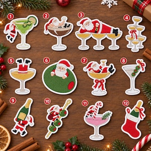 May include: A set of twelve embroidered patches featuring Santa Claus in various holiday-themed scenes, including Santa in a margarita glass, lounging on champagne coupes, inside a large olive, and carrying a champagne bottle.