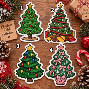 May include: Four embroidered Christmas tree patches with white borders. Patch 1 has red ornaments and a yellow star. Patch 2 features red garland and gift boxes. Patch 3 displays colorful string lights. Patch 4 shows pink bows and candy canes.