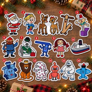 May include: A collection of sixteen embroidered patches featuring cartoon characters and objects, including Santa Claus, an elf, reindeer, a jack-in-the-box, a snowman, a doll, a lion, an elephant, a yeti, a train, a boat, and an airplane.
