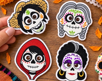 Parche bordado de calavera de azúcar inspirado en películas mexicanas, parche bordado del Día de Muertos, parche termoadhesivo de esqueleto de dibujos animados, regalo para fanáticos del cine mexicano