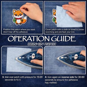 May include: An operation guide for an iron-on patch featuring a cartoon fox. The four-step visual instructions show positioning the patch, covering it with a cloth, and using an iron to apply heat for 10-20 seconds, then 30-60 seconds on the reverse side.
