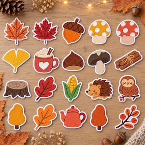 May include: A collection of twenty embroidered iron-on patches featuring autumn-themed designs including maple leaves, an acorn, mushrooms, a mug with a heart, a chestnut, cinnamon sticks, a tree stump, corn, a hedgehog, an owl, and a teapot.