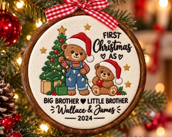 Adorno navideño de hermano mayor y hermano menor, aro bordado personalizado para hermanos, primer regalo de Navidad para hermanos, adorno para familia de cuatro.