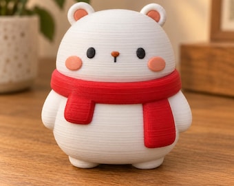 Figura de oso polar adorable impresa en 3D, bufanda roja, decoración de escritorio de invierno, decoración navideña kawaii para estantes, regalo navideño de PLA