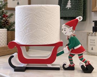 Soporte para papel higiénico de elfo navideño, decoración de baño navideña impresa en 3D, soporte para papel higiénico navideño divertido, decoración de trineo de elfo