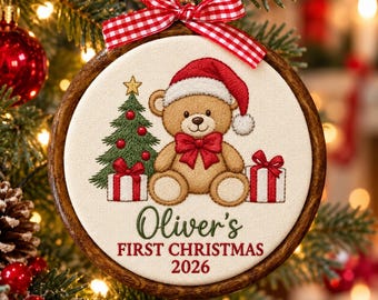 Adorno navideño para la primera Navidad del bebé 2026, aro bordado personalizado para la primera Navidad de un niño, regalo para baby shower con nombre de niña, regalo para la familia del bebé
