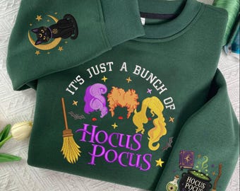 Sudadera bordada "It's Just a Bunch of Hocus Pocus", sudadera de cuello redondo de bruja espeluznante, sudadera con capucha mística, atuendo para fiesta de Halloween, bruja de Halloween