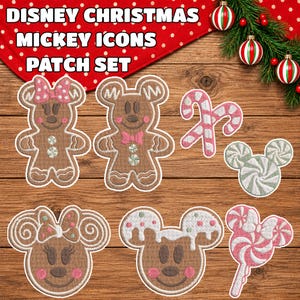 Puede incluir: Un conjunto de parches bordados con iconos navideños de Mickey de Disney, incluyendo personajes de pan de jengibre, bastones de caramelo y espirales de menta. El texto dice DISNEY CHRISTMAS MICKEY ICONS PATCH SET.