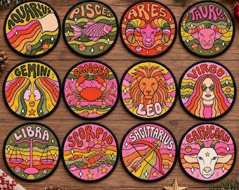 Zodiac Iron On Patch - 70s Art Nouveau Boho Embroidered Patches - Aries Taurus Gemini Cancer Leo Virgo Libra Scorpio Sagittarius Capricorn +