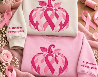 Sudadera bordada de concienciación sobre el cáncer de mama, camiseta de calabaza con lazo rosa, sudadera de cuello redondo en octubre, regalo de apoyo para supervivientes.