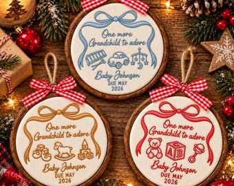 Adorno para anunciar el embarazo de los abuelos. Anuncio de embarazo personalizado. Aro bordado navideño para revelar el embarazo a los nuevos abuelos.