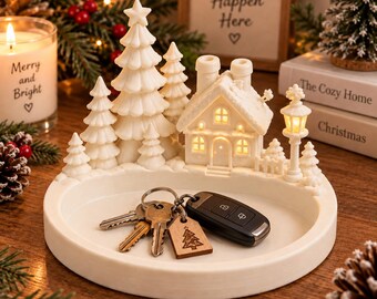 Bandeja organizadora con diseño de pueblo navideño, plato para pequeños objetos navideños impreso en 3D, bandeja multiusos con diseño de pueblo invernal, decoración navideña para escritorio y recibidor.