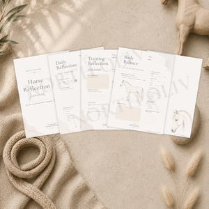 Könnte beinhalten: Ein Set aus vier cremefarbenen Journal-Seiten mit den Titeln Horse Reflection Journal, Daily Reflection, Training Reflection und Body Balance. Die Seiten enthalten schwarzen Text, Strichzeichnungen von Pferden und leere Felder für Notizen.