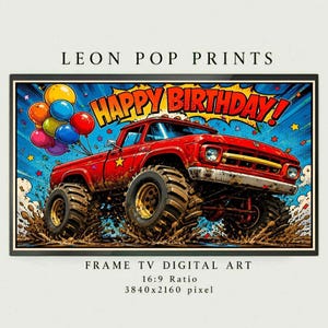 Feliz cumpleaños Monster Truck Party Frame Art TV Decor, Decoración infantil, Descarga digital 300 DPI