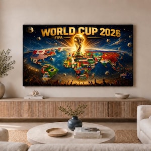 May include: A rectangular wall art print featuring the text WORLD CUP 2026 FIFA at the top, centered above a golden trophy icon. The design displays a world map composed of various national flags, surrounded by floating soccer balls on a dark background.