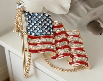 American Flag Statement Brooch with Rhinestones and Dangle Chain for Women Apparel