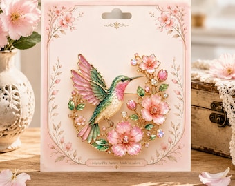 Enamel Hummingbird Brooch with Pink Flowers – Gold Tone Rhinestone Pin for Women