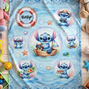 May include: A light blue fleece blanket featuring a repeating pattern of the character Stitch inside bubbles. The design includes a red and white life preserver with the text BABY, a wooden boat, a camera, a surfboard, flowers, and cupcakes.