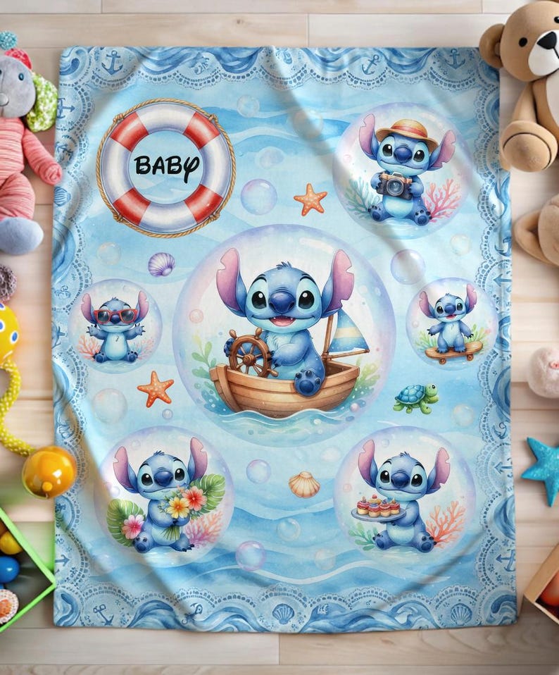 May include: A light blue fleece blanket featuring a repeating pattern of the character Stitch inside bubbles. The design includes a red and white life preserver with the text BABY, a wooden boat, a camera, a surfboard, flowers, and cupcakes.