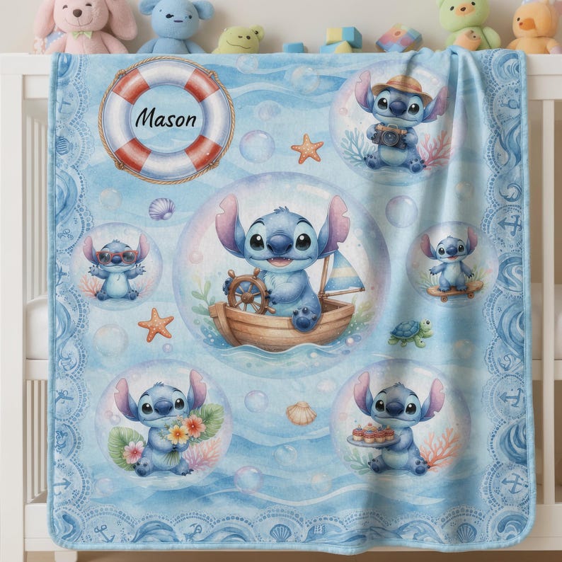 May include: A light blue baby blanket featuring a repeating pattern of Stitch from Lilo & Stitch in various nautical scenes, including a life preserver with the name Mason, a boat, and bubbles, accented with starfish, seashells, and coral.