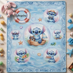 May include: A light blue rectangular blanket featuring a repeating pattern of Stitch in bubbles, a life preserver with the name Angelina, and nautical elements like starfish and shells. The border has a blue lace-like design with anchors.