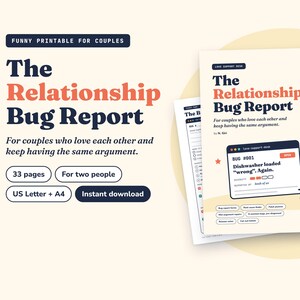 Puede incluir: Un documento imprimible titulado The Relationship Bug Report para parejas, con un diseño de 33 páginas, un gráfico de mariquita, una ventana de computadora que muestra Bug #901 Dishwasher loaded wrong y texto para parejas que se aman.