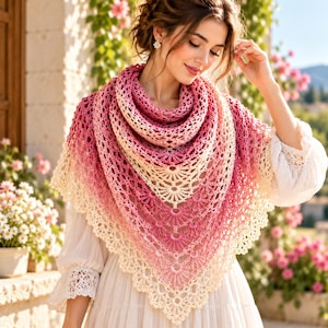 Puede incluir: Un chal triangular de ganchillo que presenta una transición de color degradado desde un magenta intenso en la parte superior hasta un tono crema suave en el borde inferior. El chal muestra un intrincado patrón de abanicos.