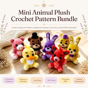 May include: A digital graphic for a Mini Animal Plush Crochet Pattern Bundle featuring text and six small, colorful crocheted plush animals including a pink pig, brown bear, purple rabbit, yellow chick, red fox, and yellow rabbit on a wooden surface.