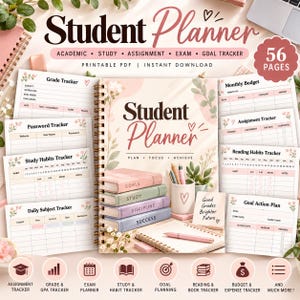 May include: A 56-page student planner with a spiral binding, featuring a cover with the text Student Planner, Plan, Focus, Achieve. The set includes printable pages for grade, password, study habits, daily subject, monthly budget, and goal trackers.