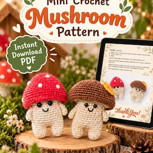 Patrón de seta a crochet en PDF / Mini seta amigurumi y dúo de boletus / Inglés