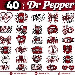 Może przedstawiać: Kolekcja 40 cyfrowych projektów graficznych z logo Dr Pepper w różnych stylach, w tym serca, kokardy, puszki po napojach, usta i wzory w szachownicę. Projekty są utrzymane w odcieniach czerwieni, bieli i czerni oraz zawierają teksty takie jak Just a Dr Pepper Addict, Life is Better with Dr Pepper i Cool Dr Pepper Vibes.