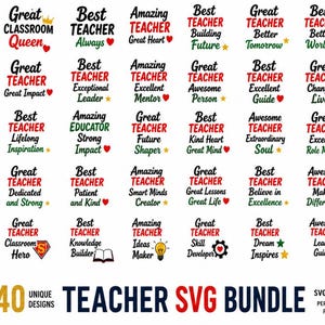 Può includere: Una collezione digitale di 40 design grafici a tema insegnanti con frasi come Best Teacher Ever, Great Classroom Queen e Amazing Teacher. Il testo utilizza caratteri rossi, neri e verdi con icone come cuori, stelle, libri e matite.