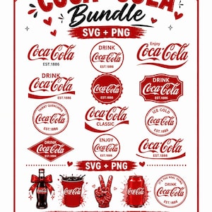 Pode incluir: Uma folha gráfica digital com vários logotipos, emblemas e ilustrações da Coca-Cola em vermelho e branco, incluindo uma garrafa, um copo, um gesto de mão e uma lata. O texto inclui Coca-Cola, Bundle, SVG + PNG, Drink, Est. 1886 e Enjoy.