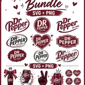 以下が含まれることがあります： マルーンと白のDr. Pepperのロゴ、テキスト、イラストを特徴とするデジタルグラフィックコレクション。円形、ハート型、長方形のエンブレム、リボン付きのボトル、ピースサインをする手、ソーダ缶などが含まれています。