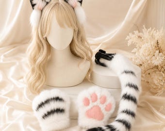 Fluffy Cat Ears Headband Tail and Paw Gloves, Tiger Spot Cosplay Set, Halloween Animal Costume, Kawaii Anime Party Props