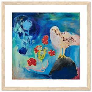May include: A framed art print featuring a white bird with brown spots, perched on a dark rock. The background is a blend of blues and greens, with red and blue flowers. The artwork has a whimsical, painterly style.