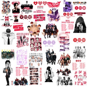 May include: A collection of BTS World Tour 2026 stickers featuring various group and individual member photographs, stylised illustrations, red and white graphic logos, tour dates, and text including Arirang, Army, and We Are Bulletproof.