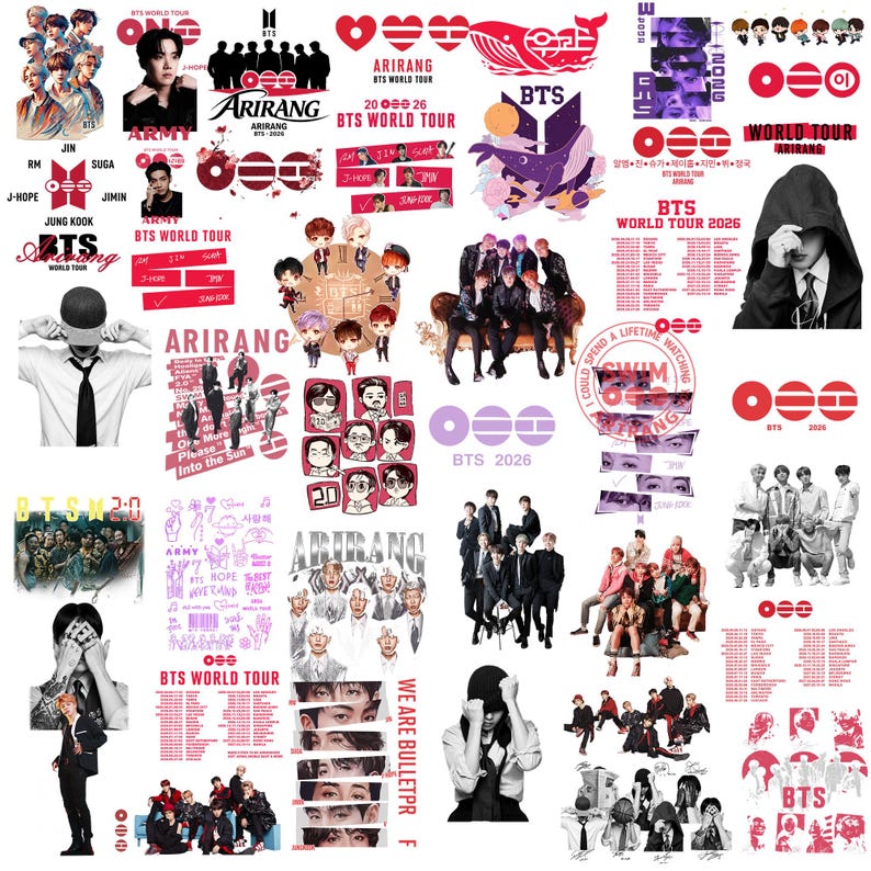 May include: A collection of BTS World Tour 2026 stickers featuring various group and individual member photographs, stylised illustrations, red and white graphic logos, tour dates, and text including Arirang, Army, and We Are Bulletproof.