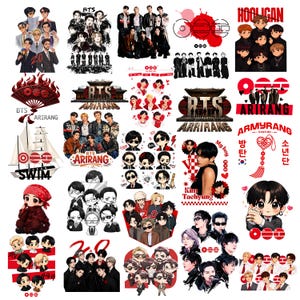 May include: A collection of stickers featuring various illustrations of the music group BTS, including chibi-style characters, group portraits, and individual members, with red, black, and white colour schemes and text like BTS Arirang and Army.