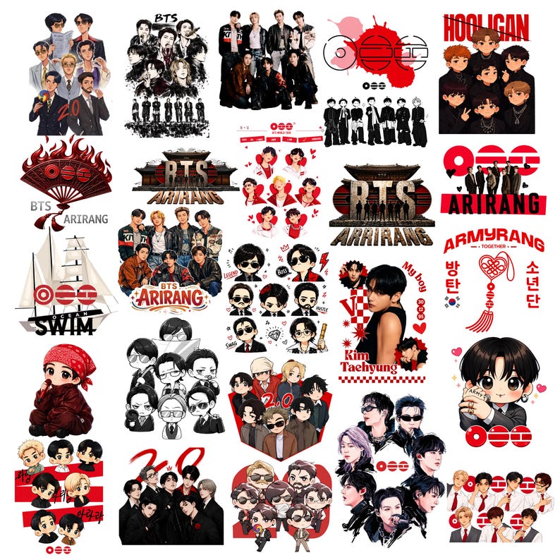 May include: A collection of stickers featuring various illustrations of the music group BTS, including chibi-style characters, group portraits, and individual members, with red, black, and white colour schemes and text like BTS Arirang and Army.