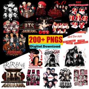 May include: A digital collection of over 200 PNG files featuring various illustrations and photographs of the music group BTS. The graphics include chibi-style characters, group portraits, text reading BTS Arirang, and World Tour 2026 labels.