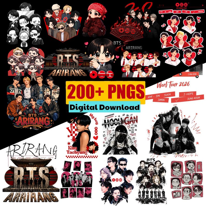 May include: A digital collection of over 200 PNG files featuring various illustrations and photographs of the music group BTS. The graphics include chibi-style characters, group portraits, text reading BTS Arirang, and World Tour 2026 labels.