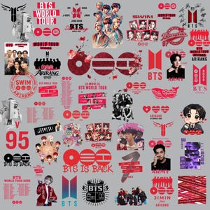 May include: A collection of red and black BTS World Tour Arirang themed stickers featuring group photos, individual portraits, the BTS logo, tour dates, and text including BTS World Tour, Arirang, BTS Is Back, and member names on a grey background.