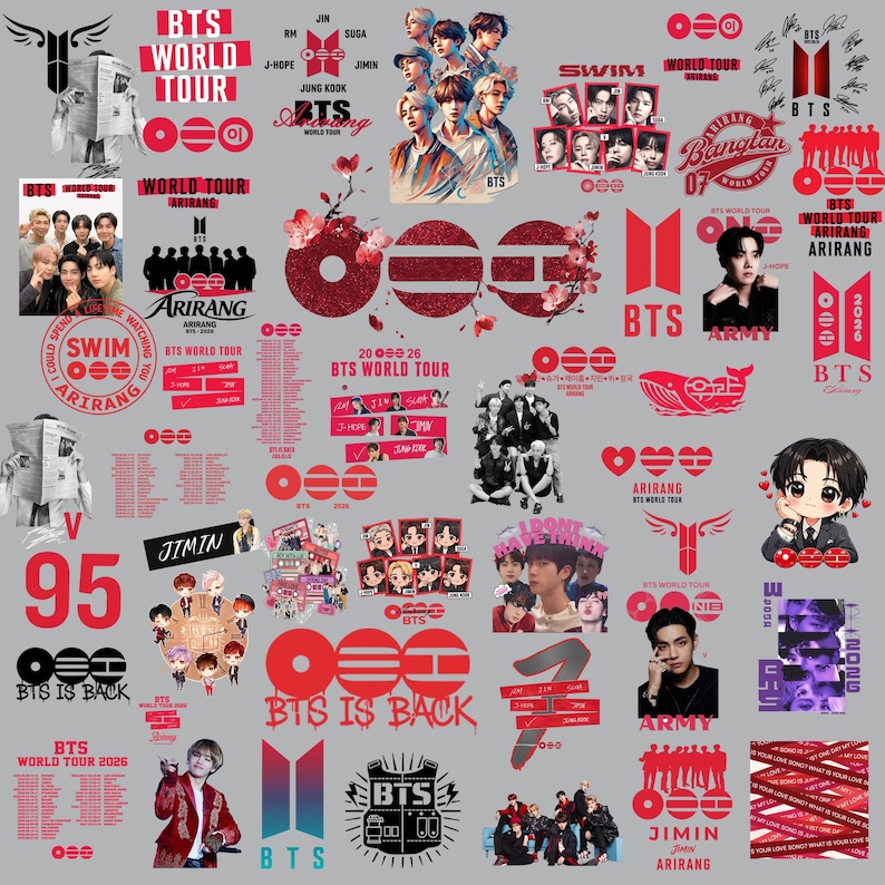 May include: A collection of red and black BTS World Tour Arirang themed stickers featuring group photos, individual portraits, the BTS logo, tour dates, and text including BTS World Tour, Arirang, BTS Is Back, and member names on a grey background.