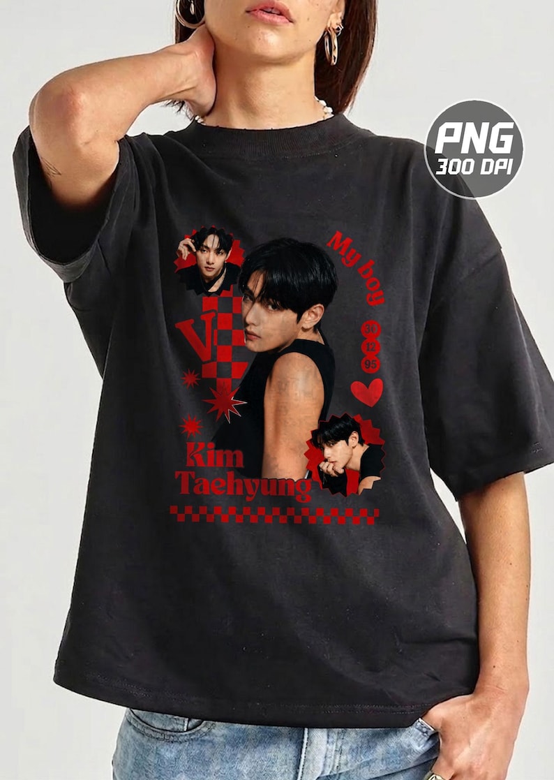 May include: A black short-sleeve t-shirt featuring a graphic print of Kim Taehyung. The design includes red text reading My boy and Kim Taehyung, a red checkered pattern, star shapes, a heart, and the numbers 30, 12, 95 in a red circle.