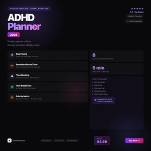 Könnte beinhalten: Eine digitale 2025 ADHS-Planer-Vorlage für Notion mit einer dunkelvioletten Benutzeroberfläche. Sie enthält Bereiche für Brain Dump, Pomodoro-Fokus-Timer, Zeitblockierung, Aufgabenaufschlüsselung und eine Prioritätenmatrix.